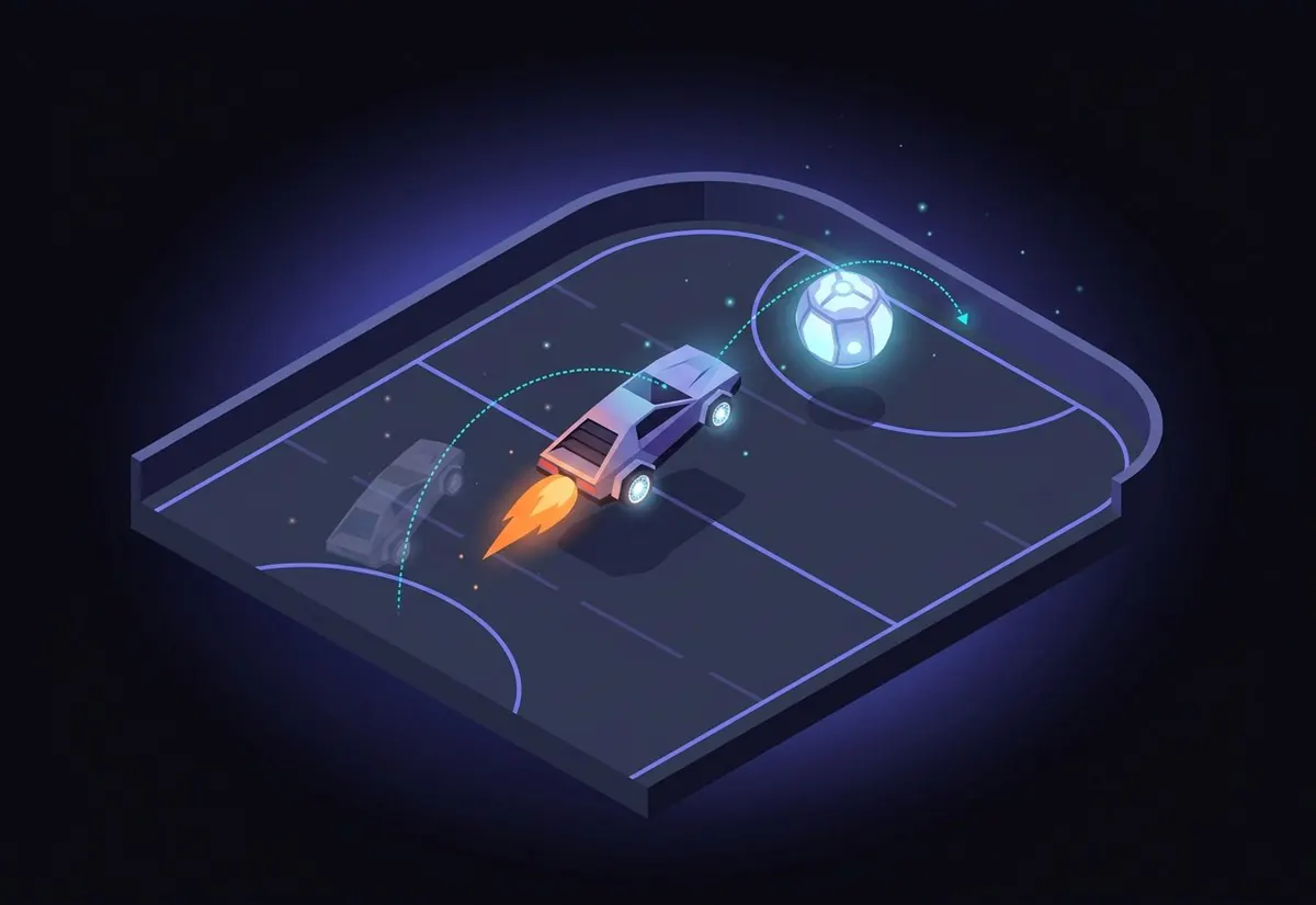 Isometric arena with a rocket-powered car boosting toward a ball along a predicted trajectory