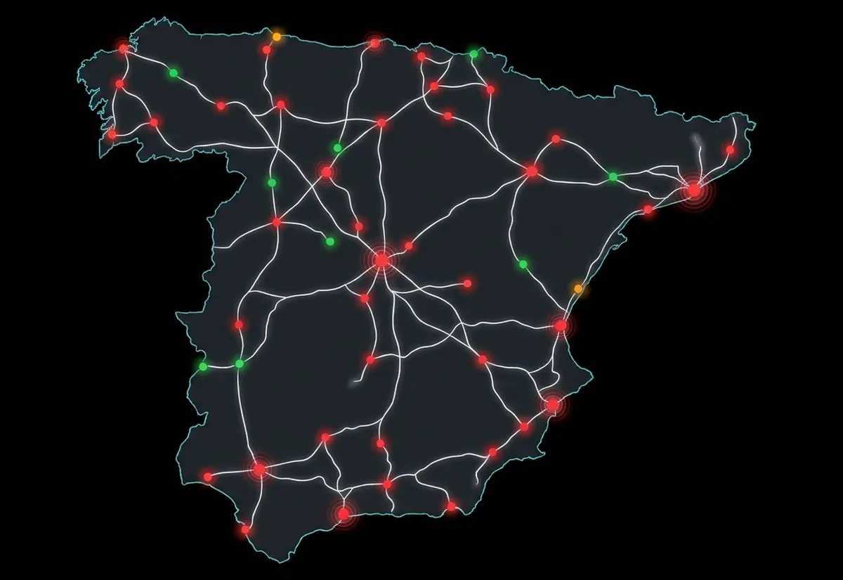 Map of Spain showing proposed EV charging stations along interurban corridors, colored by grid status