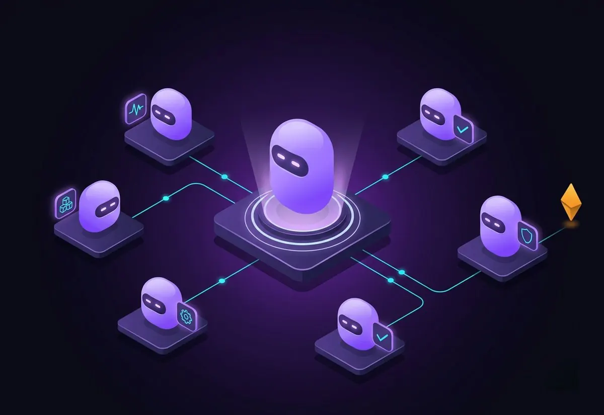 Isometric illustration of an AI orchestrator coordinating specialist agents