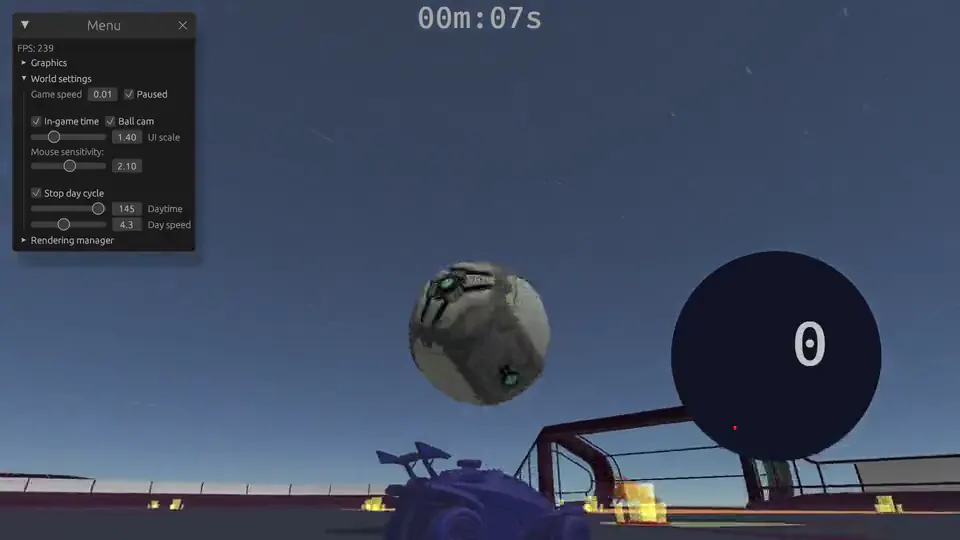 A car chasing the ball across the arena in a 1v1 match inside the rlgym_sim simulator.