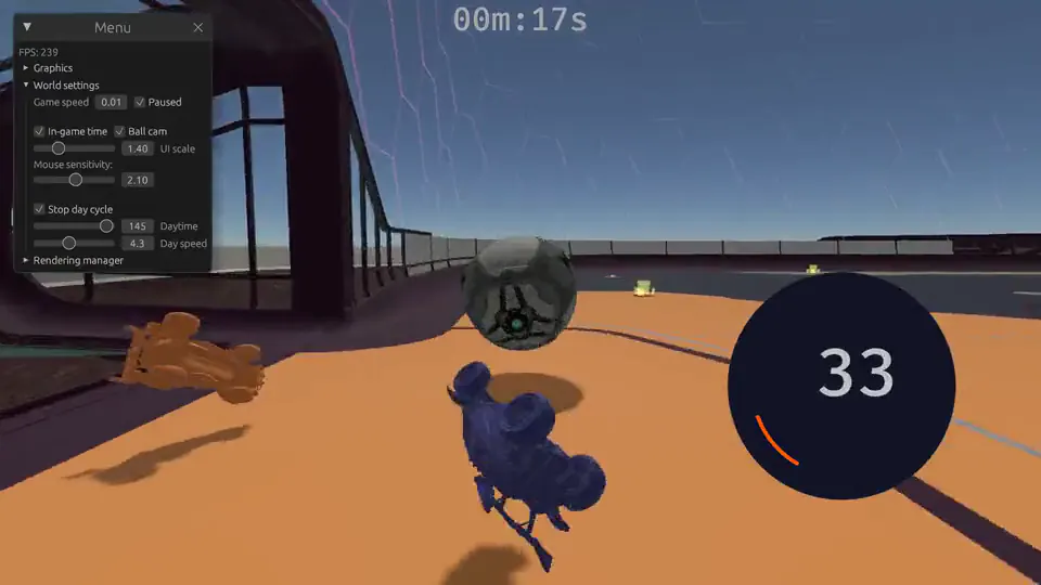 Two cars contesting the ball near a goal in a 1v1 match inside the rlgym_sim simulator.